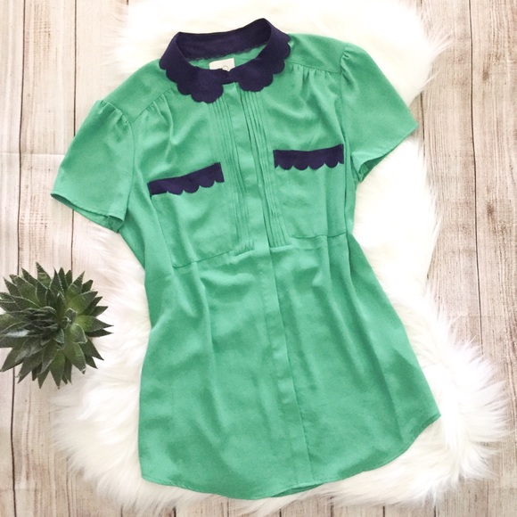 Anthropologie Tops - HD in Paris | Green Puff Sleeve Scallop Blouse